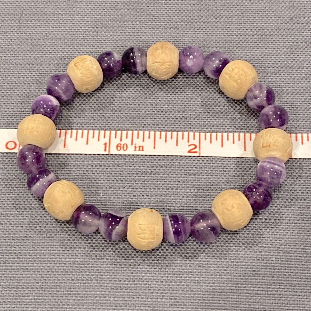 Purple amethyst and wood bead bracelet